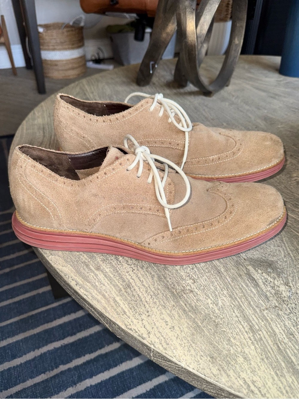 Cole Haan Lunargrand Tan Suede Wingtips w/ Brick Red Sole - Size 13